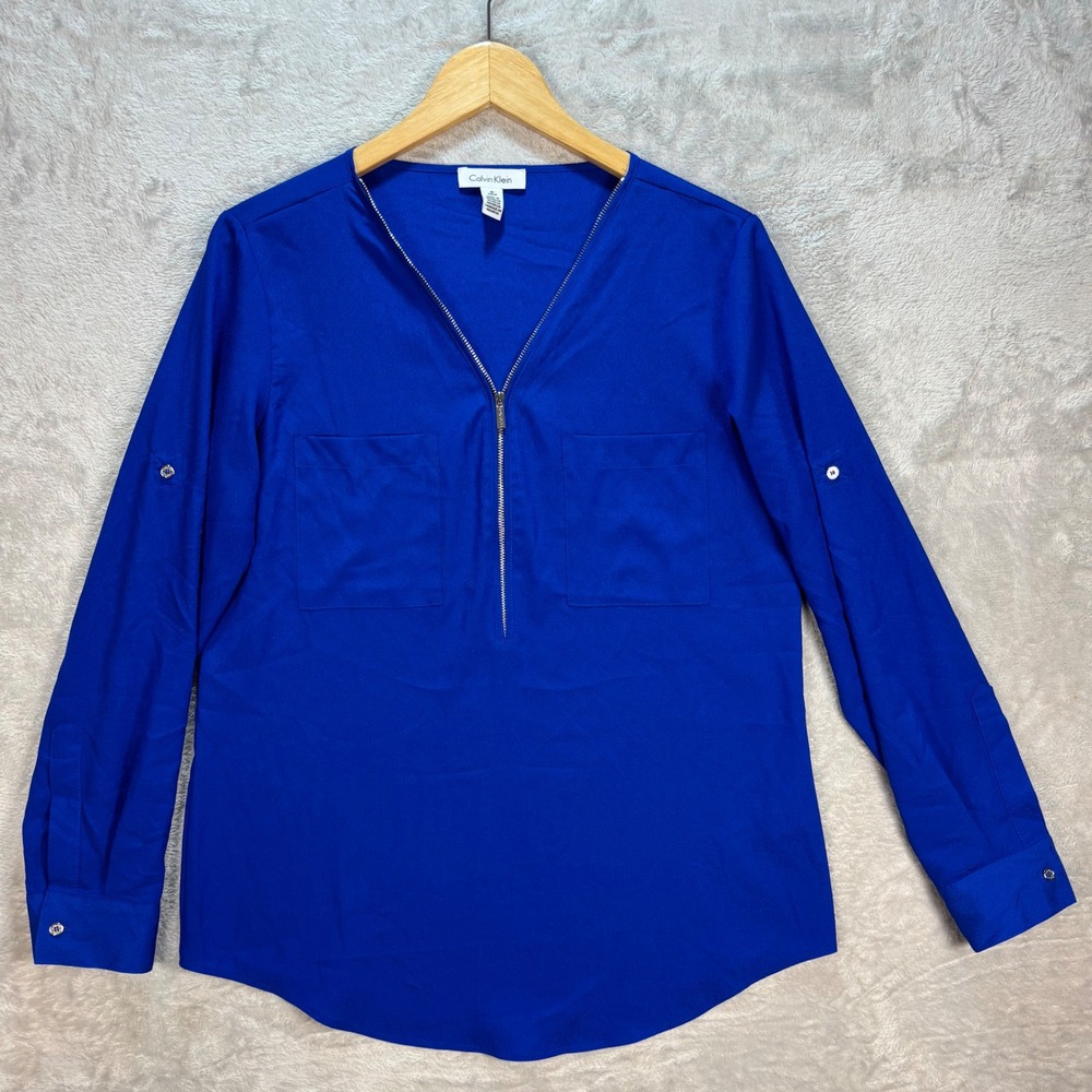 Calvin Klein Women's Zip Up Tunic Blouse Roll Tab Sleeve Royal Blue Size S - Picture 4 of 10
